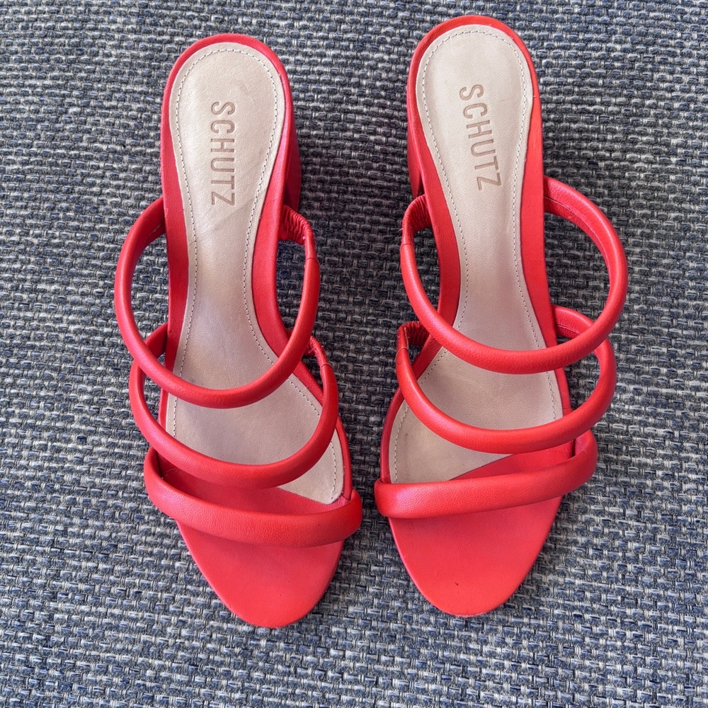 SCHUTZ Olly Nappa Leather Block Heel Strappy Sandals Orange Size 8.5
